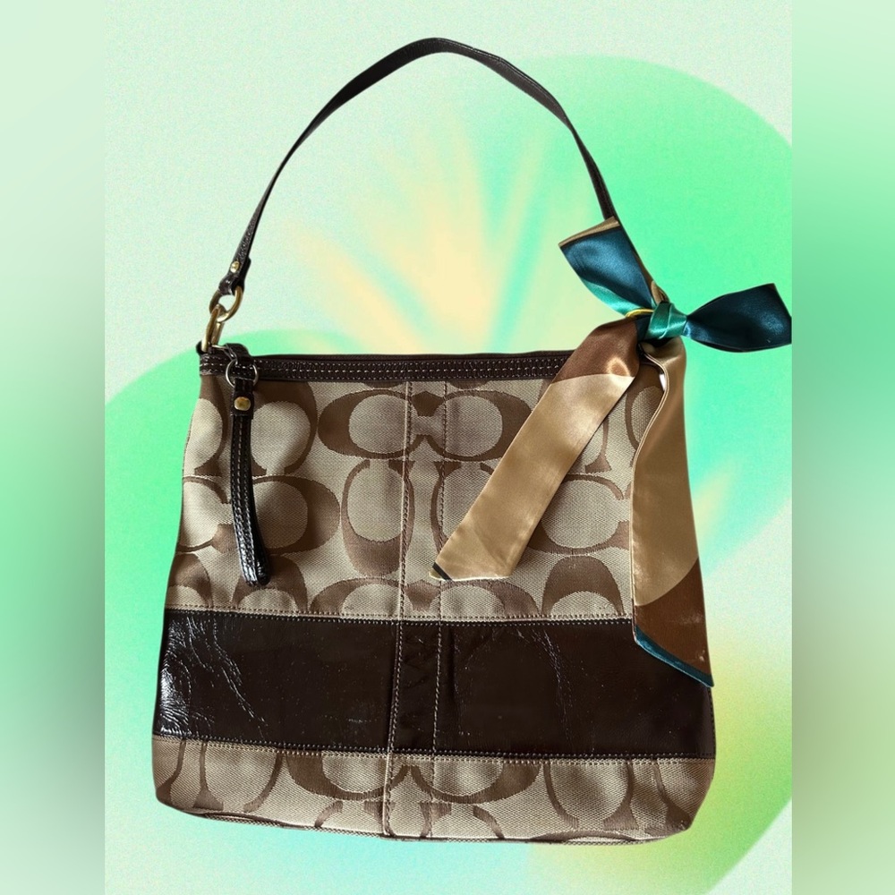 Coach Signature Tan & Brown Jacquard with Brown Leather Stripe Bag- #H0826-12825